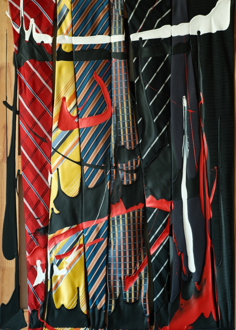 The Last Interview, acrylic painting on assembled neckties by Lucian Bistreanu